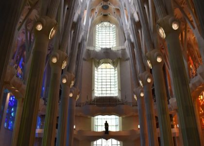 Stunning view of the La Sagrada Familia interior showcasing its unique architecture and stained glass.